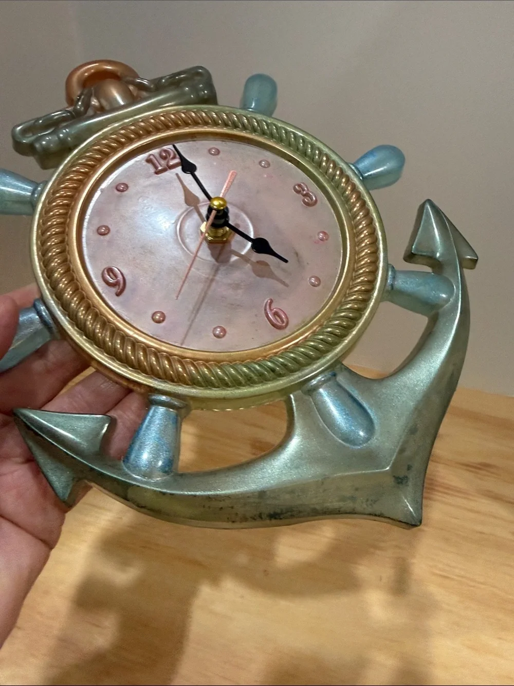 Nautical Anchor Ship Wheel Wall Clock — Bronze and Blue Coastal Accent